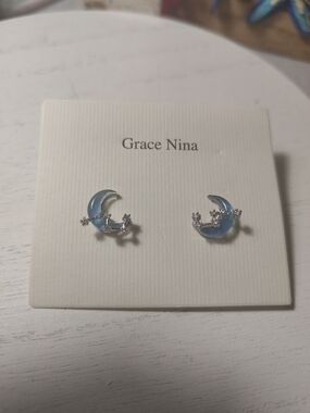 Blue Crescent Moon Stud Earrings